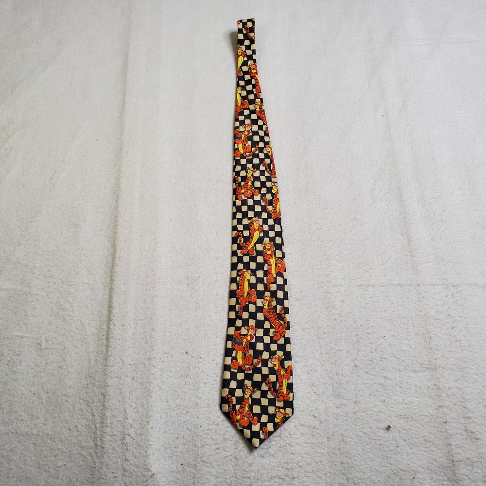 Disney Pooh Mens Necktie Black Gold Tigger Checkered Silk-Look OS